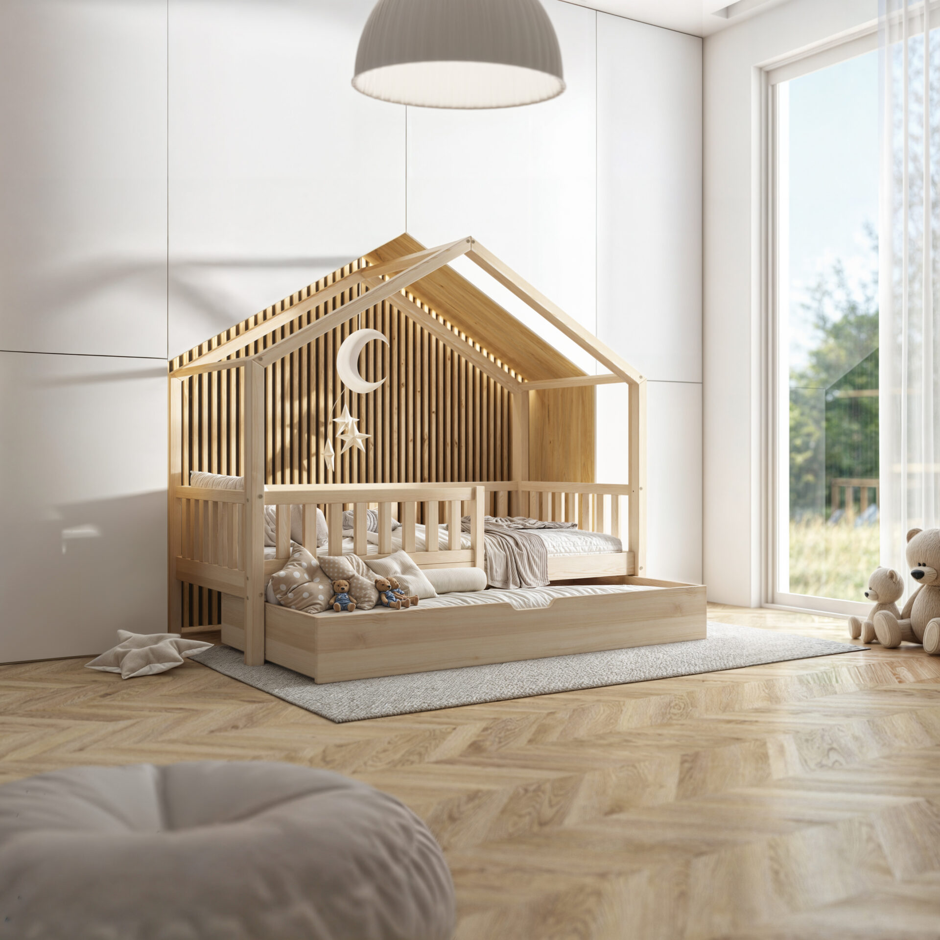 Stylowy pokój dziecięcy Montessori z drewnianym łóżkiem domek i minimalistyczną aranżacją.